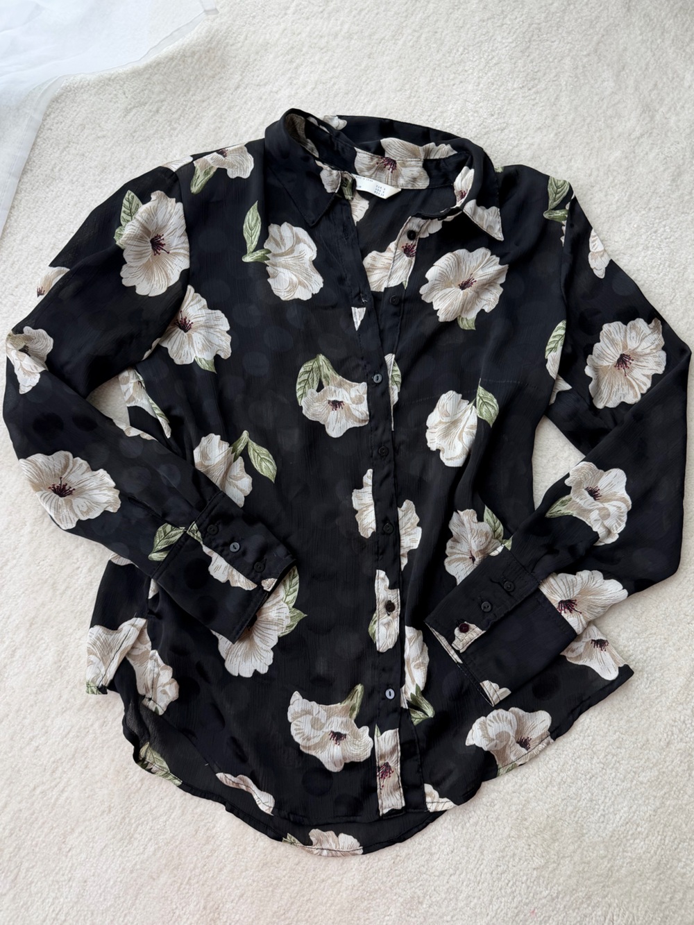 Zara Black Floral Button-Front Semi-Sheer Blouse